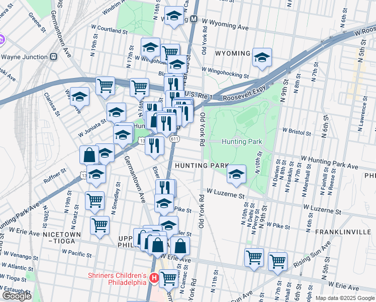 map of restaurants, bars, coffee shops, grocery stores, and more near 1336 West Jerome Street in Philadelphia