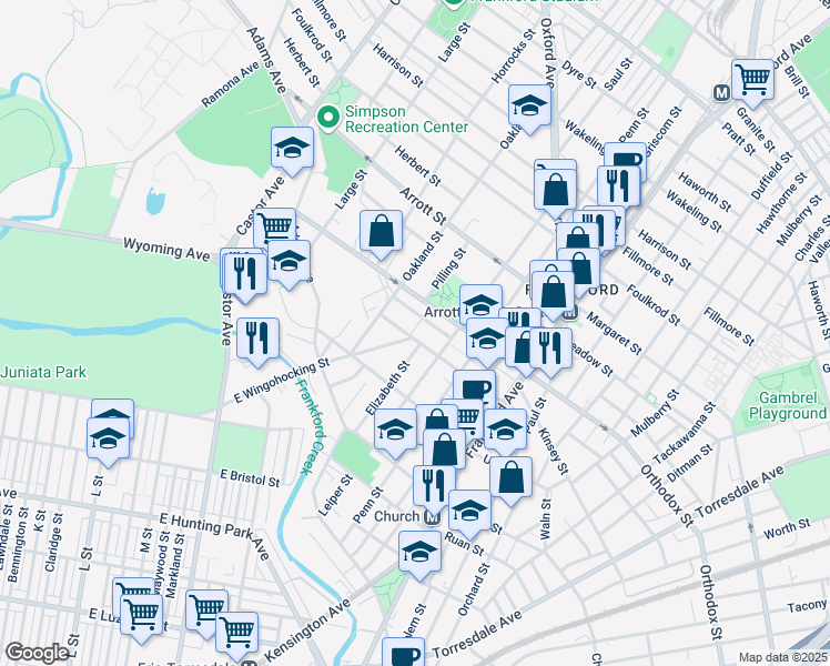 map of restaurants, bars, coffee shops, grocery stores, and more near 1335 Sellers Street in Philadelphia