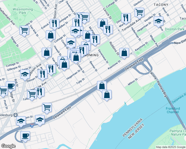 map of restaurants, bars, coffee shops, grocery stores, and more near 6023 Tulip Street in Philadelphia