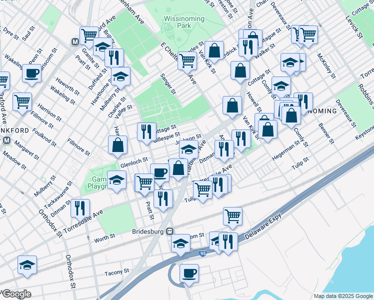 map of restaurants, bars, coffee shops, grocery stores, and more near 5307 Glenloch Street in Philadelphia