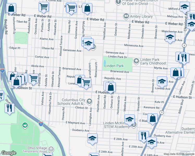 map of restaurants, bars, coffee shops, grocery stores, and more near 2428 Hamilton Avenue in Columbus