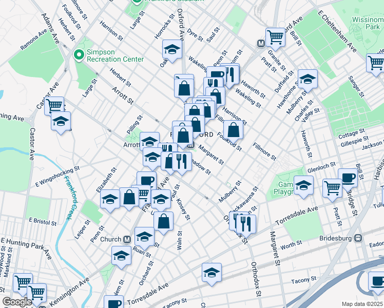 map of restaurants, bars, coffee shops, grocery stores, and more near 4652 Paul Street in Philadelphia