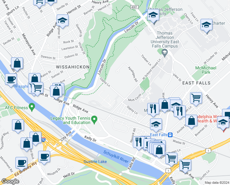 map of restaurants, bars, coffee shops, grocery stores, and more near 4000 Gypsy Lane in Philadelphia
