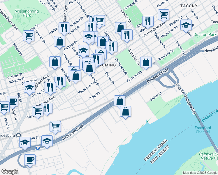map of restaurants, bars, coffee shops, grocery stores, and more near 6023 Tulip Street in Philadelphia