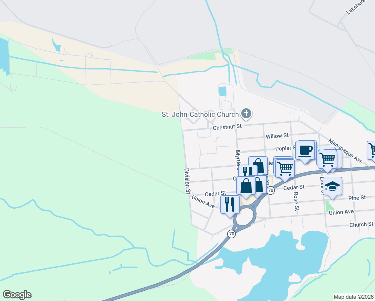 map of restaurants, bars, coffee shops, grocery stores, and more near 1053 Division Street in Lakehurst