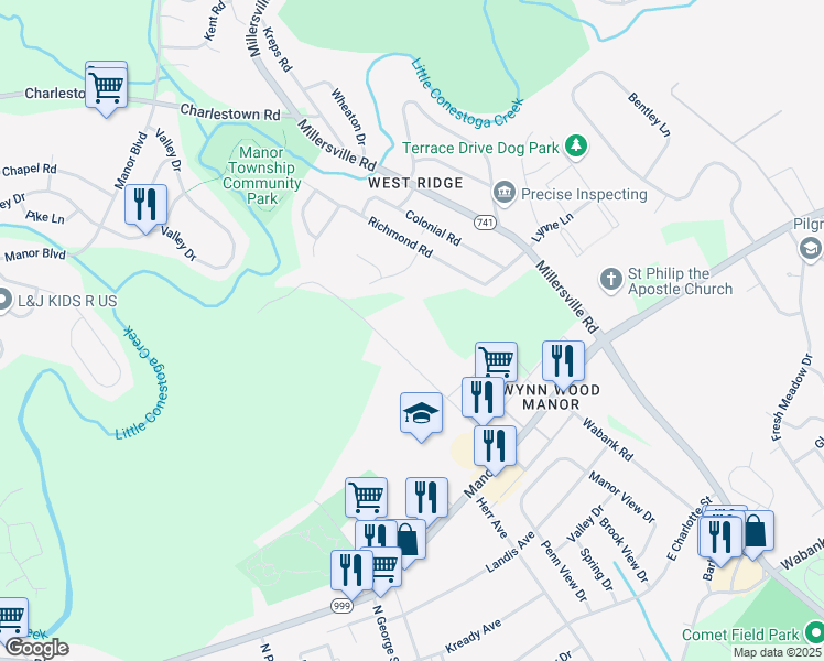 map of restaurants, bars, coffee shops, grocery stores, and more near 600 Buttonwood Farm Road in Millersville