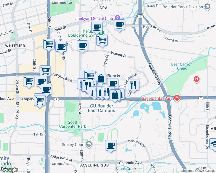 map of restaurants, bars, coffee shops, grocery stores, and more near 3301 Arapahoe Avenue in Boulder