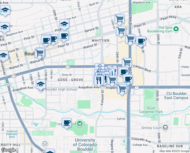 map of restaurants, bars, coffee shops, grocery stores, and more near 2321 Grove Street in Boulder