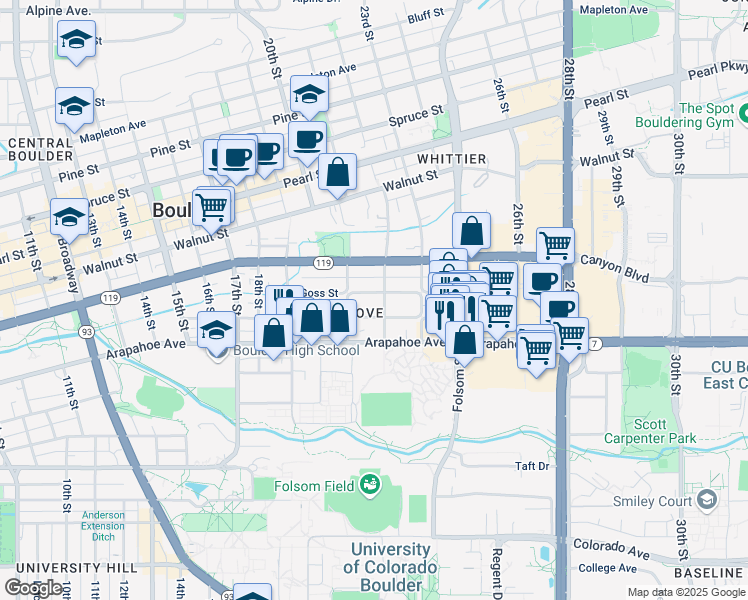 map of restaurants, bars, coffee shops, grocery stores, and more near 2129 Grove Circle East in Boulder