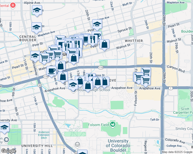 map of restaurants, bars, coffee shops, grocery stores, and more near 1843 Arapahoe Avenue in Boulder