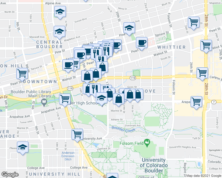 map of restaurants, bars, coffee shops, grocery stores, and more near 1803 Grove Street in Boulder