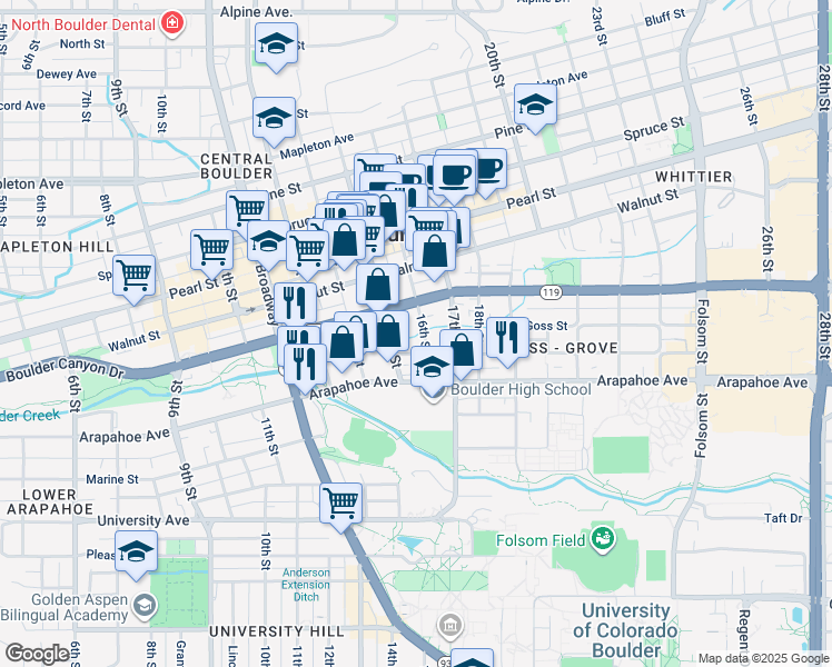 map of restaurants, bars, coffee shops, grocery stores, and more near 1511 Grove Street in Boulder