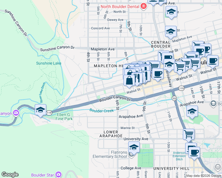 map of restaurants, bars, coffee shops, grocery stores, and more near 537 Canyon Boulevard in Boulder
