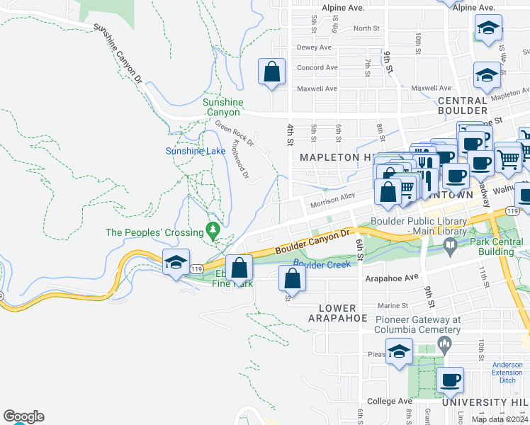 map of restaurants, bars, coffee shops, grocery stores, and more near 287 Pearl Street in Boulder