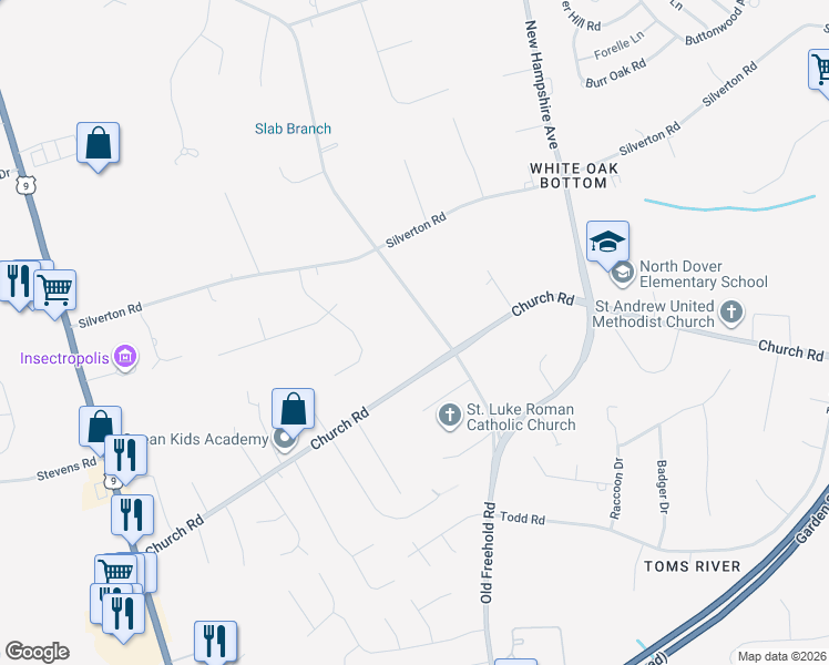 map of restaurants, bars, coffee shops, grocery stores, and more near 1280 Church Road in Toms River