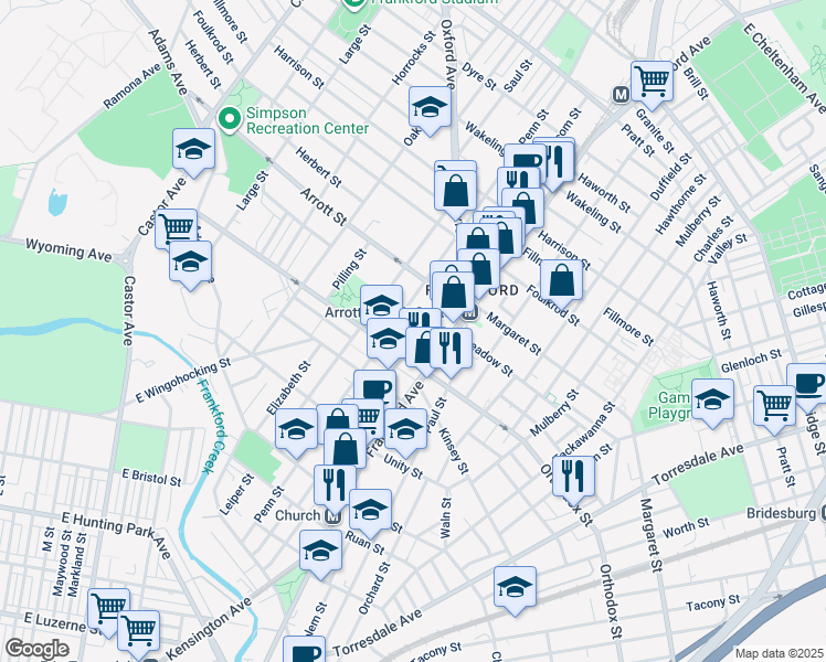 map of restaurants, bars, coffee shops, grocery stores, and more near 4630 Griscom Street in Philadelphia