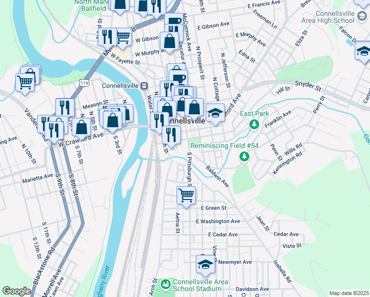 map of restaurants, bars, coffee shops, grocery stores, and more near 118 Gallatin Avenue in Connellsville