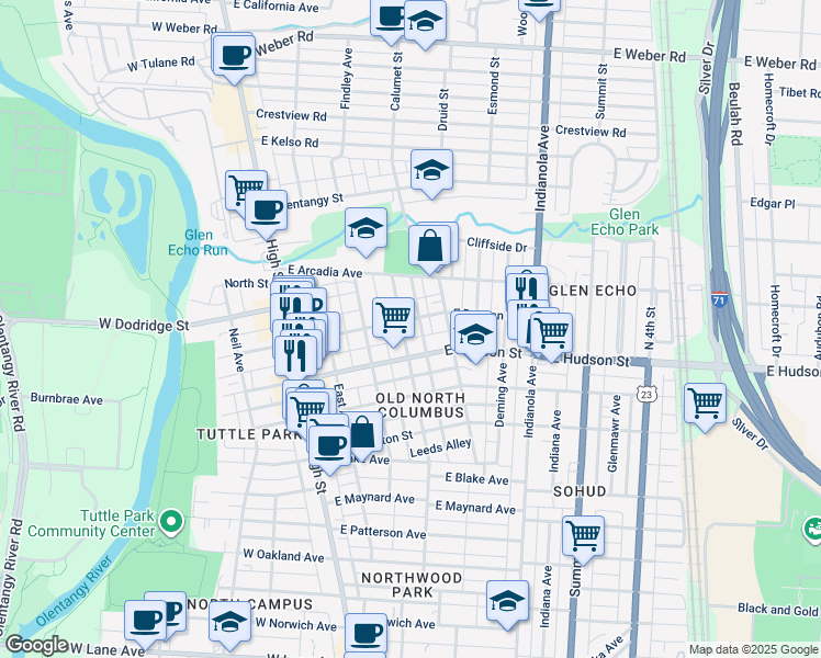 map of restaurants, bars, coffee shops, grocery stores, and more near 164 East Hudson Street in Columbus