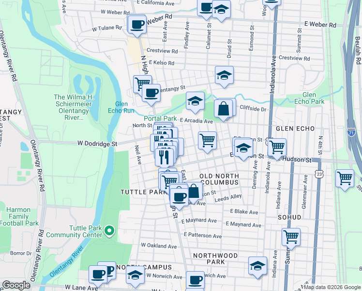 map of restaurants, bars, coffee shops, grocery stores, and more near 57 East Duncan Street in Columbus