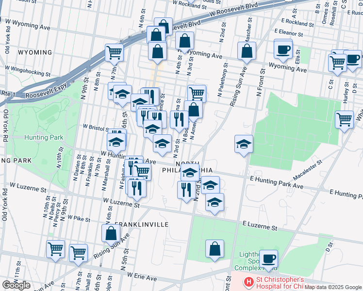 map of restaurants, bars, coffee shops, grocery stores, and more near 4264 North Bodine Street in Philadelphia