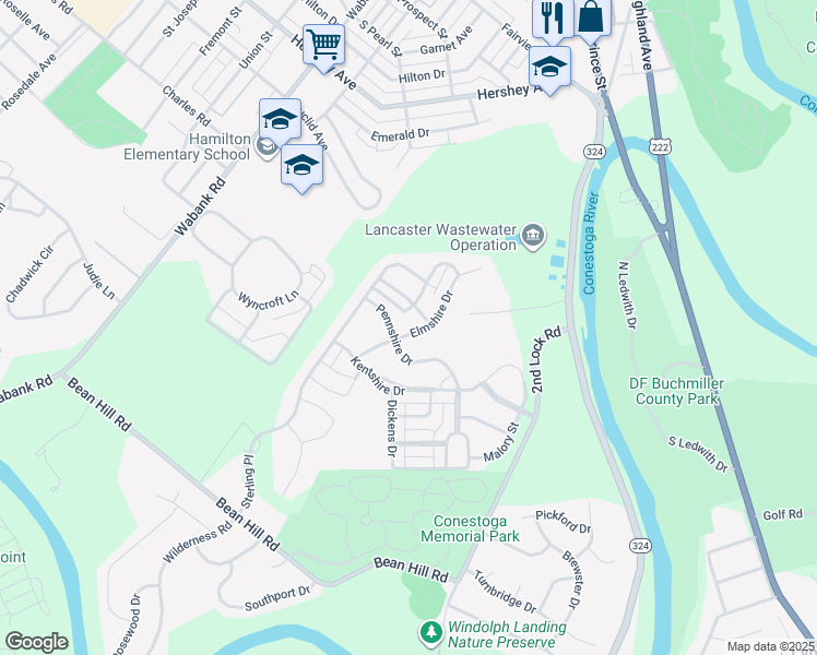map of restaurants, bars, coffee shops, grocery stores, and more near 205 Elmshire Drive in Lancaster