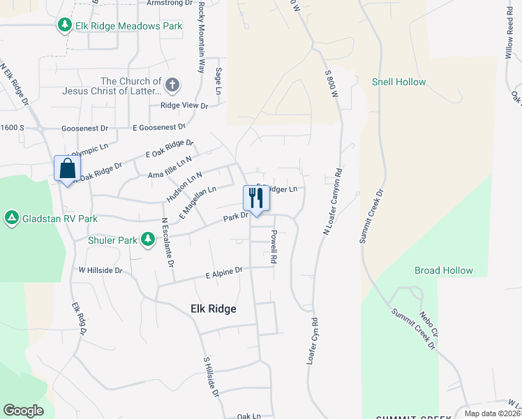 map of restaurants, bars, coffee shops, grocery stores, and more near 569 East Park Drive in Payson