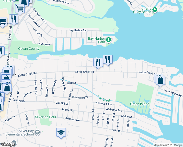 map of restaurants, bars, coffee shops, grocery stores, and more near 169 Kettle Creek Road in Toms River