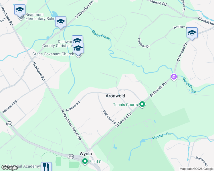 map of restaurants, bars, coffee shops, grocery stores, and more near 641 Andover Road in Newtown Square