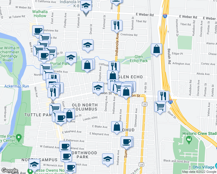 map of restaurants, bars, coffee shops, grocery stores, and more near 2584 Deming Avenue in Columbus