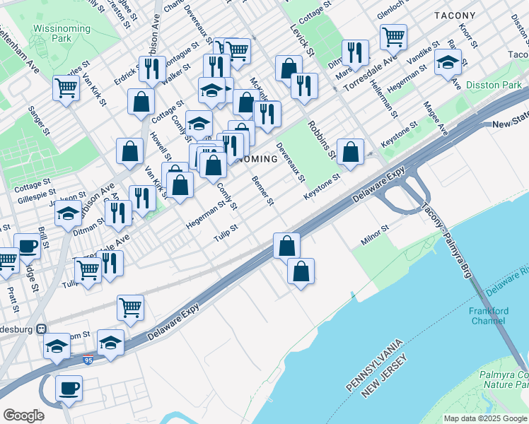 map of restaurants, bars, coffee shops, grocery stores, and more near 6027 Tulip Street in Philadelphia