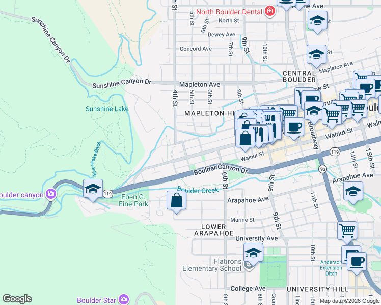 map of restaurants, bars, coffee shops, grocery stores, and more near 430 Pearl Street in Boulder