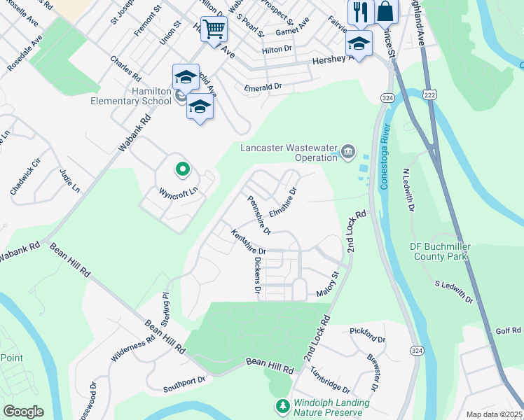 map of restaurants, bars, coffee shops, grocery stores, and more near 127 Pennshire Drive in Lancaster