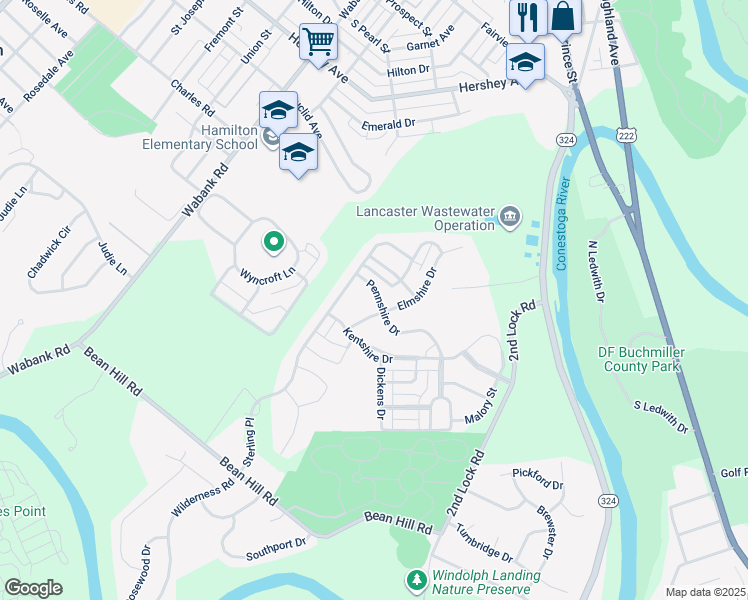 map of restaurants, bars, coffee shops, grocery stores, and more near 124 Pennshire Drive in Lancaster