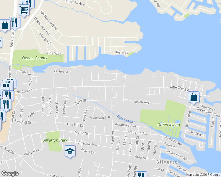 map of restaurants, bars, coffee shops, grocery stores, and more near 169 Kettle Creek Road in Toms River