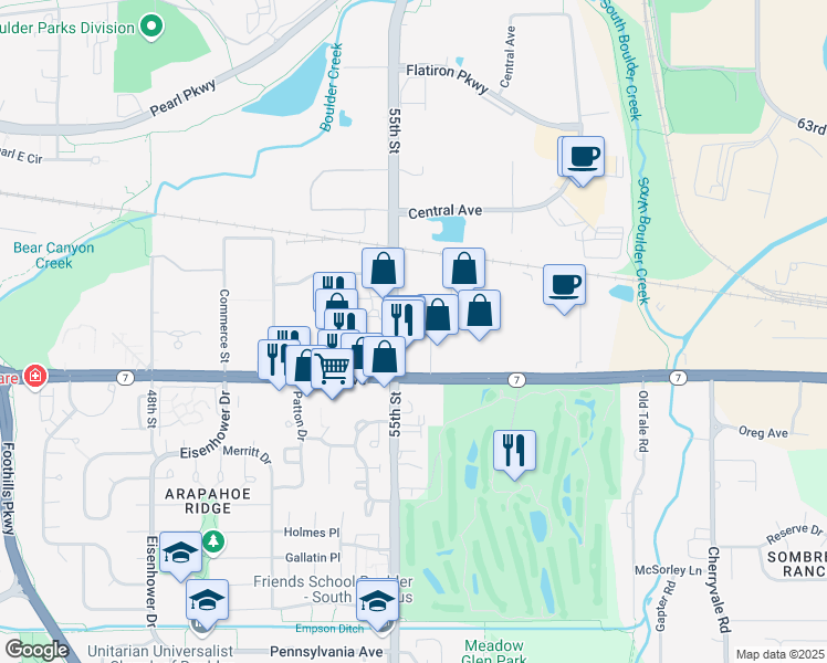 map of restaurants, bars, coffee shops, grocery stores, and more near 5460 Conestoga Court in Boulder