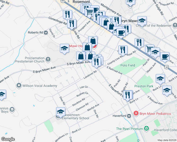 map of restaurants, bars, coffee shops, grocery stores, and more near 713 Brook Street in Bryn Mawr