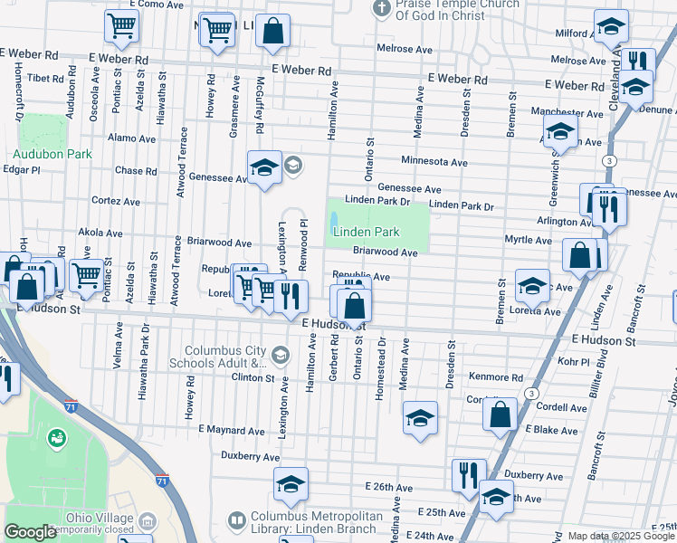 map of restaurants, bars, coffee shops, grocery stores, and more near 1222 Republic Ave in Columbus
