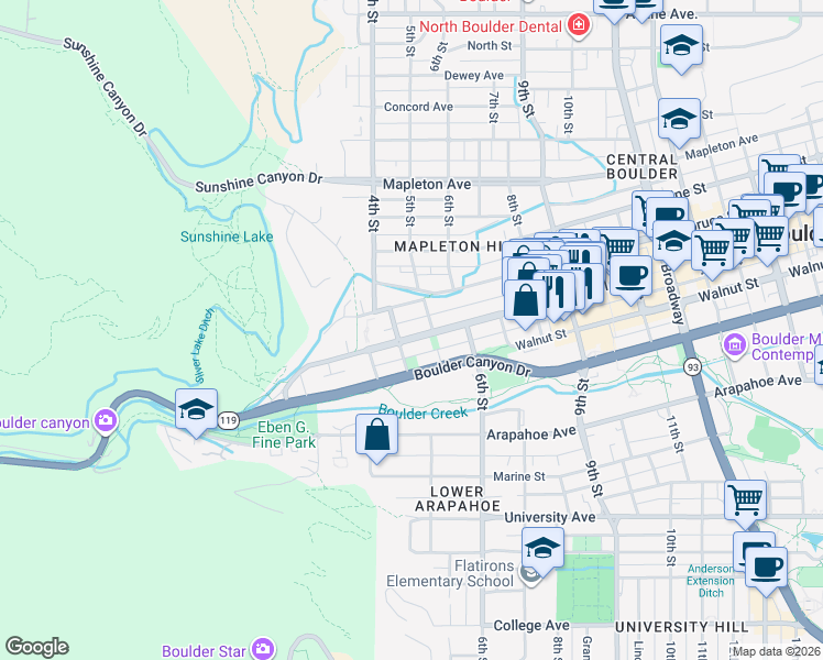 map of restaurants, bars, coffee shops, grocery stores, and more near 430 Pearl Street in Boulder