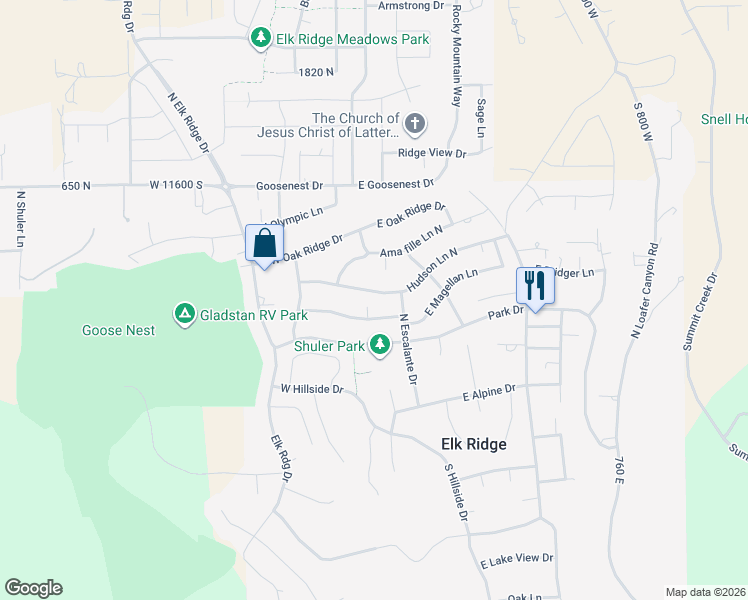 map of restaurants, bars, coffee shops, grocery stores, and more near 86 West Magellan Lane in Elk Ridge