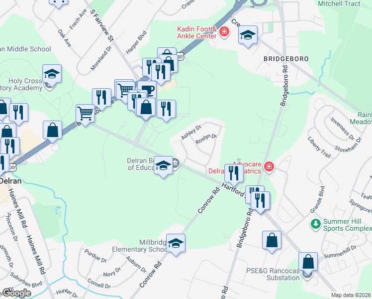 map of restaurants, bars, coffee shops, grocery stores, and more near 2 Ashley Drive in Delran