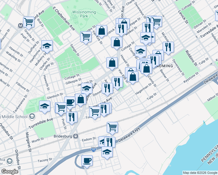 map of restaurants, bars, coffee shops, grocery stores, and more near 2088 Anchor Street in Philadelphia