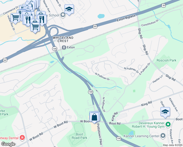 map of restaurants, bars, coffee shops, grocery stores, and more near 448 Hartford Square in West Chester