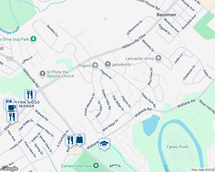 map of restaurants, bars, coffee shops, grocery stores, and more near 8 Cedarhurst Circle in Lancaster