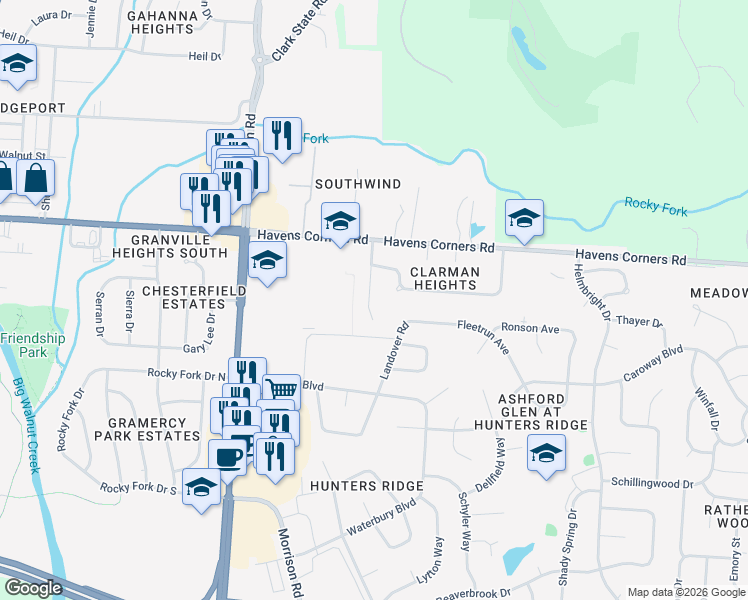 map of restaurants, bars, coffee shops, grocery stores, and more near 145 Savern Place in Gahanna
