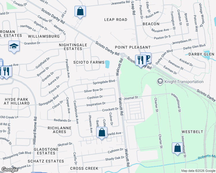 map of restaurants, bars, coffee shops, grocery stores, and more near 4900 Cashion Drive in Hilliard