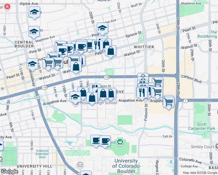 map of restaurants, bars, coffee shops, grocery stores, and more near 2020 Goss Street in Boulder