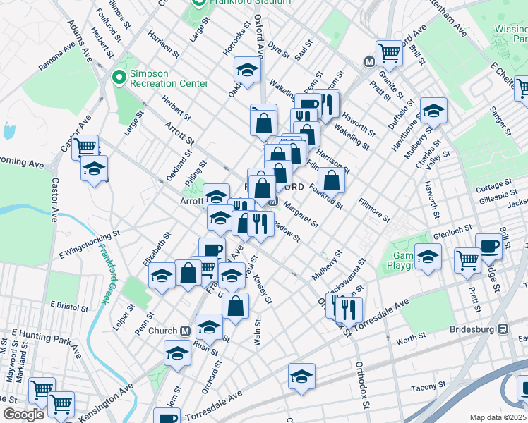 map of restaurants, bars, coffee shops, grocery stores, and more near 4656 Frankford Avenue in Philadelphia