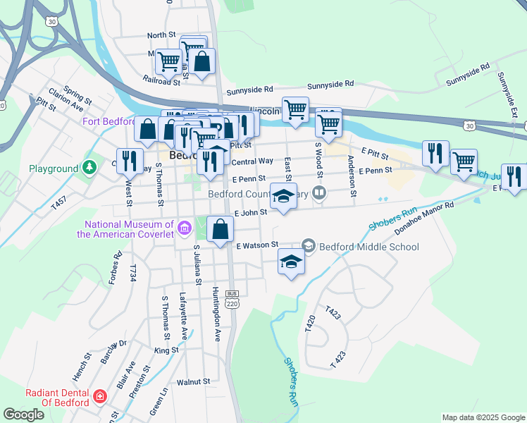 map of restaurants, bars, coffee shops, grocery stores, and more near 313 East John Street in Bedford