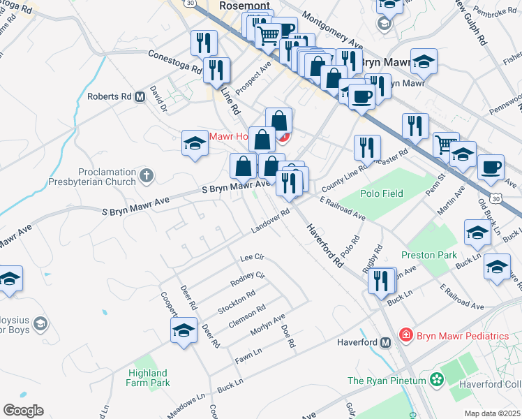 map of restaurants, bars, coffee shops, grocery stores, and more near 214 Landover Road in Bryn Mawr