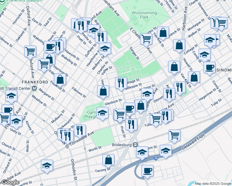 map of restaurants, bars, coffee shops, grocery stores, and more near 1966 Granite Street in Philadelphia